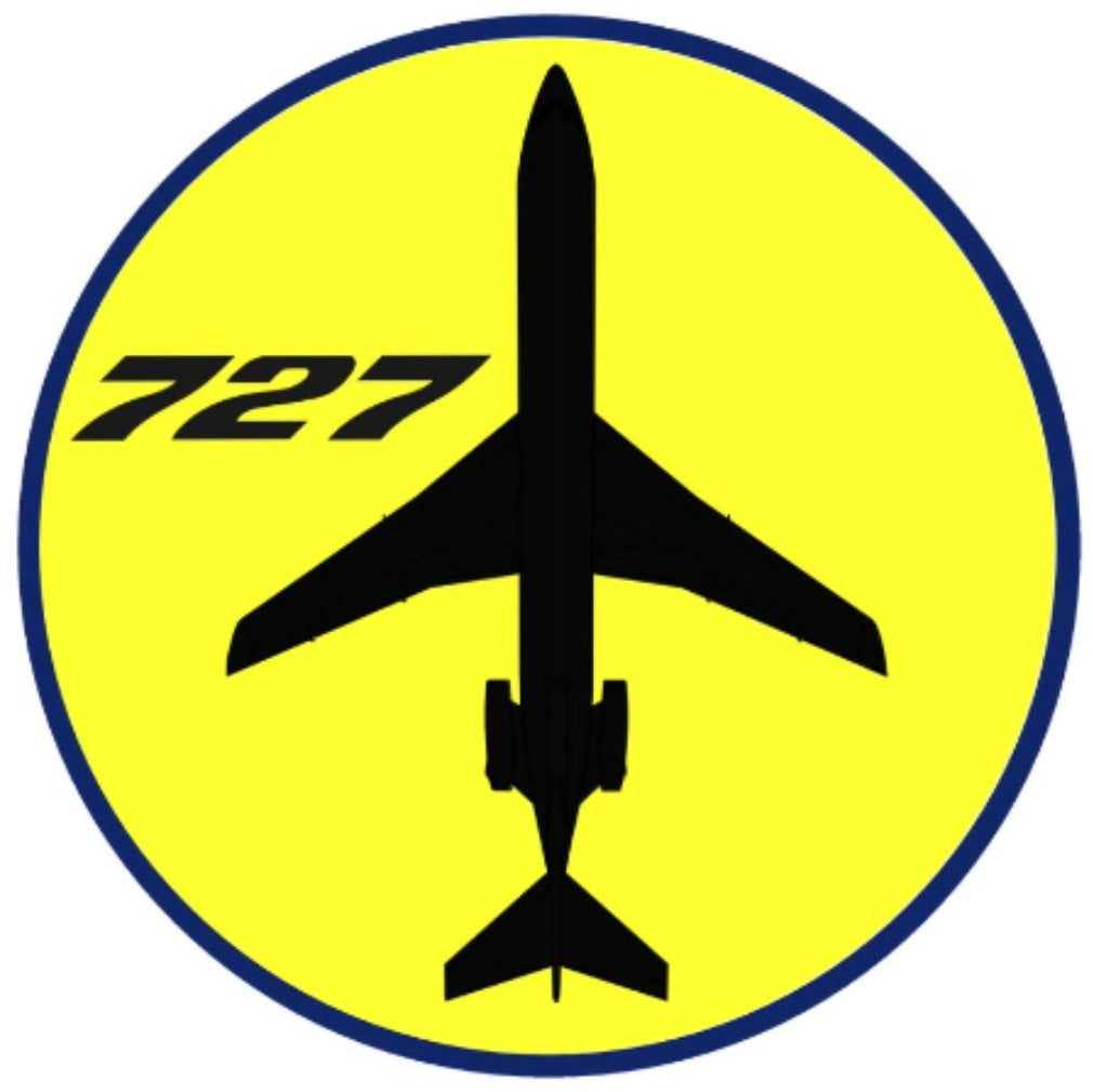 Boeing 727 yellow top down profile 9cm round sticker.
