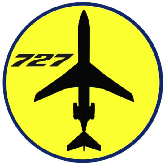 Boeing 727 yellow top down profile 10cm round sticker.