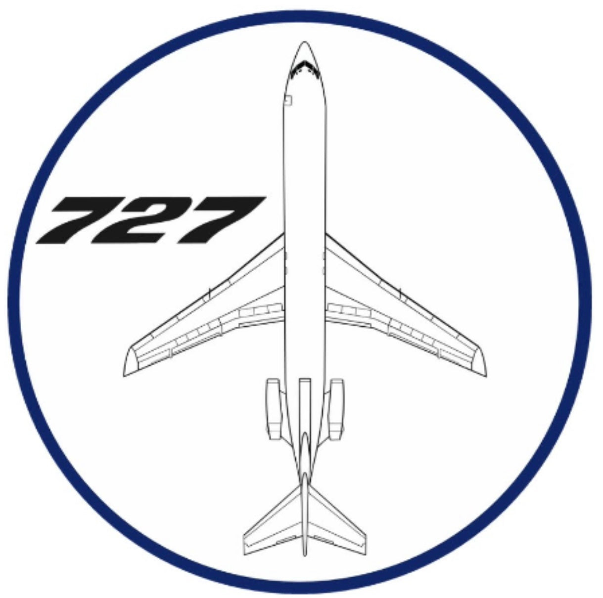 Boeing 727 white top down profile 9cm round sticker.