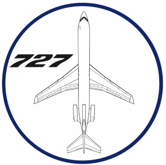 Boeing 727 white top down profile 10cm round sticker.