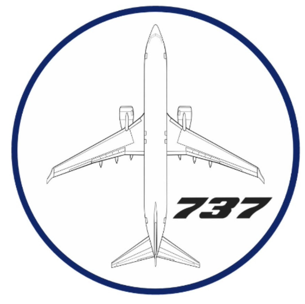 Boeing 737-800 white top down profile 9cm round sticker.
