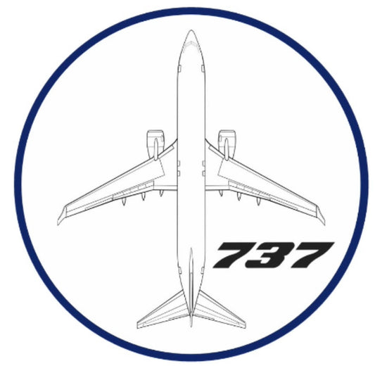Boeing 737-800 white top down profile 10cm round sticker.