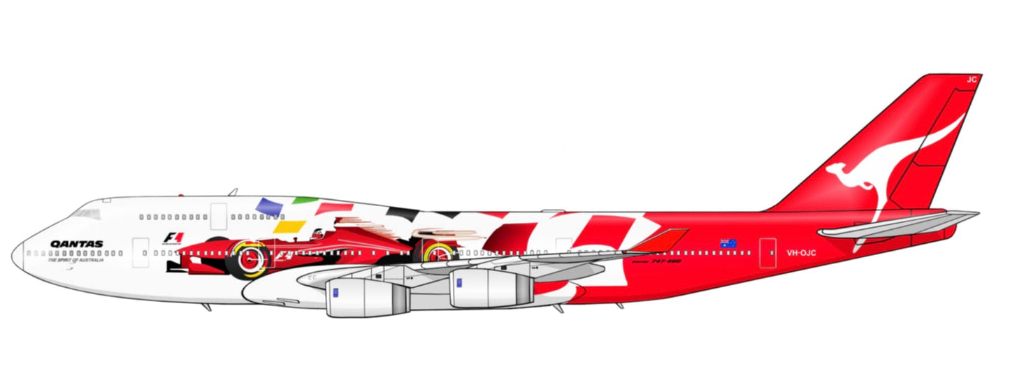 QANTAS Boeing 747-400 VH-OJC Formula 1 Grand Prix  livery 20cm side profile sticker.