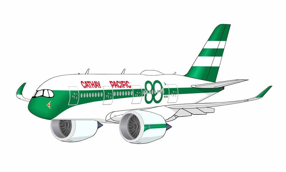 Cathay Pacific 80th Birthday retro livery 14cm A350 caricature sticker.