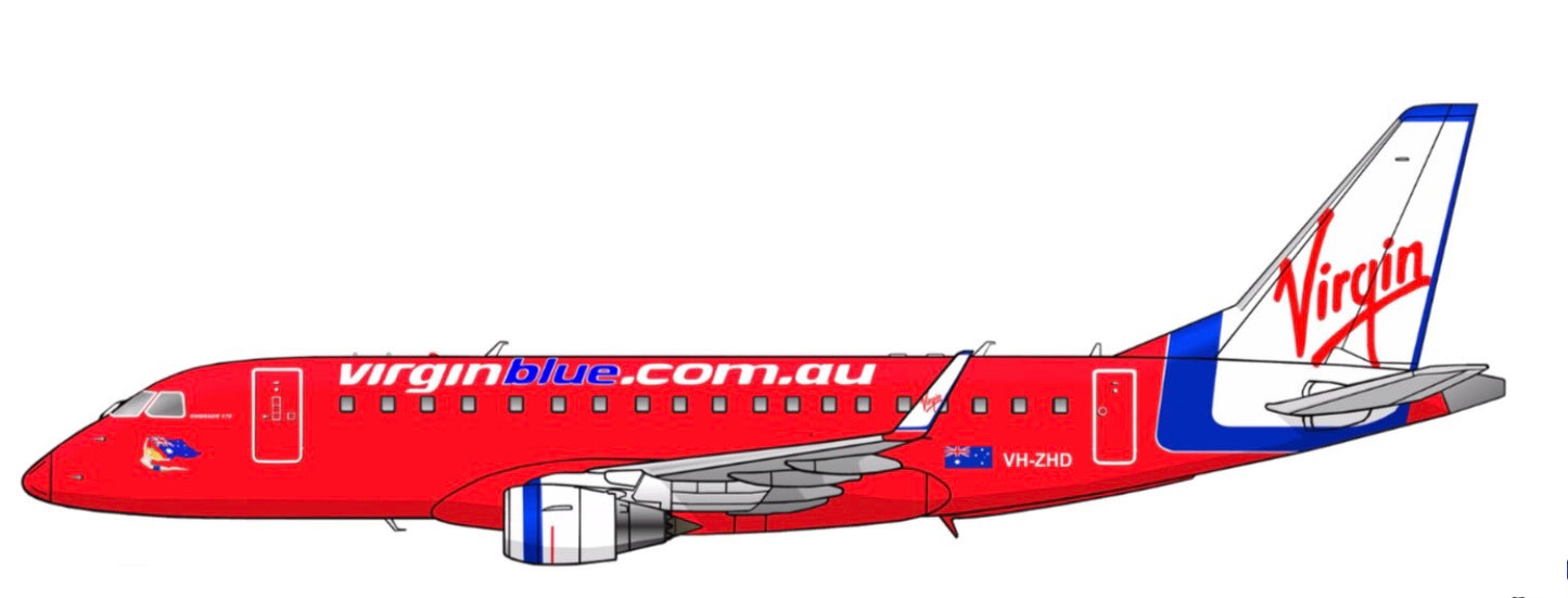 Virgin Blue Embraer 170 VH-ZHD 20cm side profile sticker.