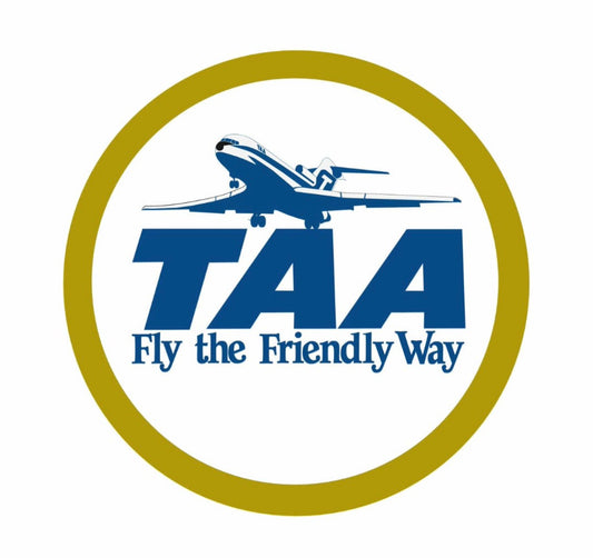 TAA Boeing 727 1970s T-Jet livery, reproduction “Fly The Friendly Way” round 10cm sticker