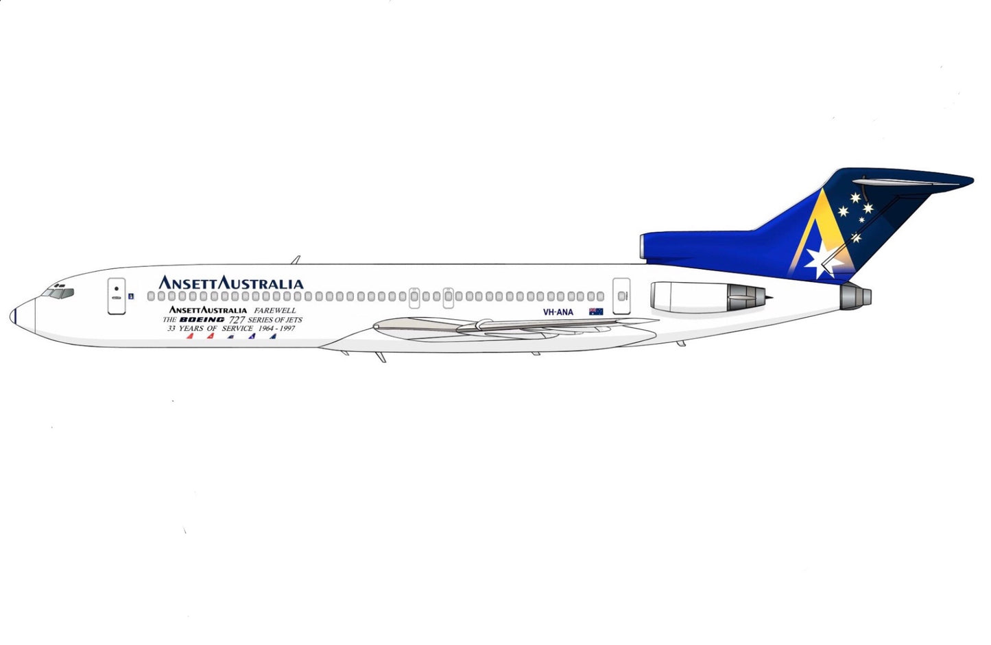 Ansett Australia “Farewell to the Boeing 727” livery Boeing 727-277 VH-ANA PVC side profile cutout.