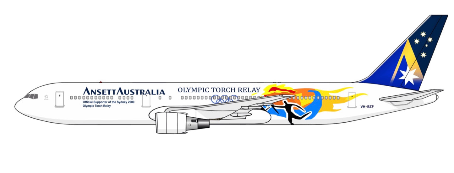 Ansett Australia Sydney 2000 “Olympic Torch Relay” Boeing 767-300 VH-BZF PVC side profile cutout.