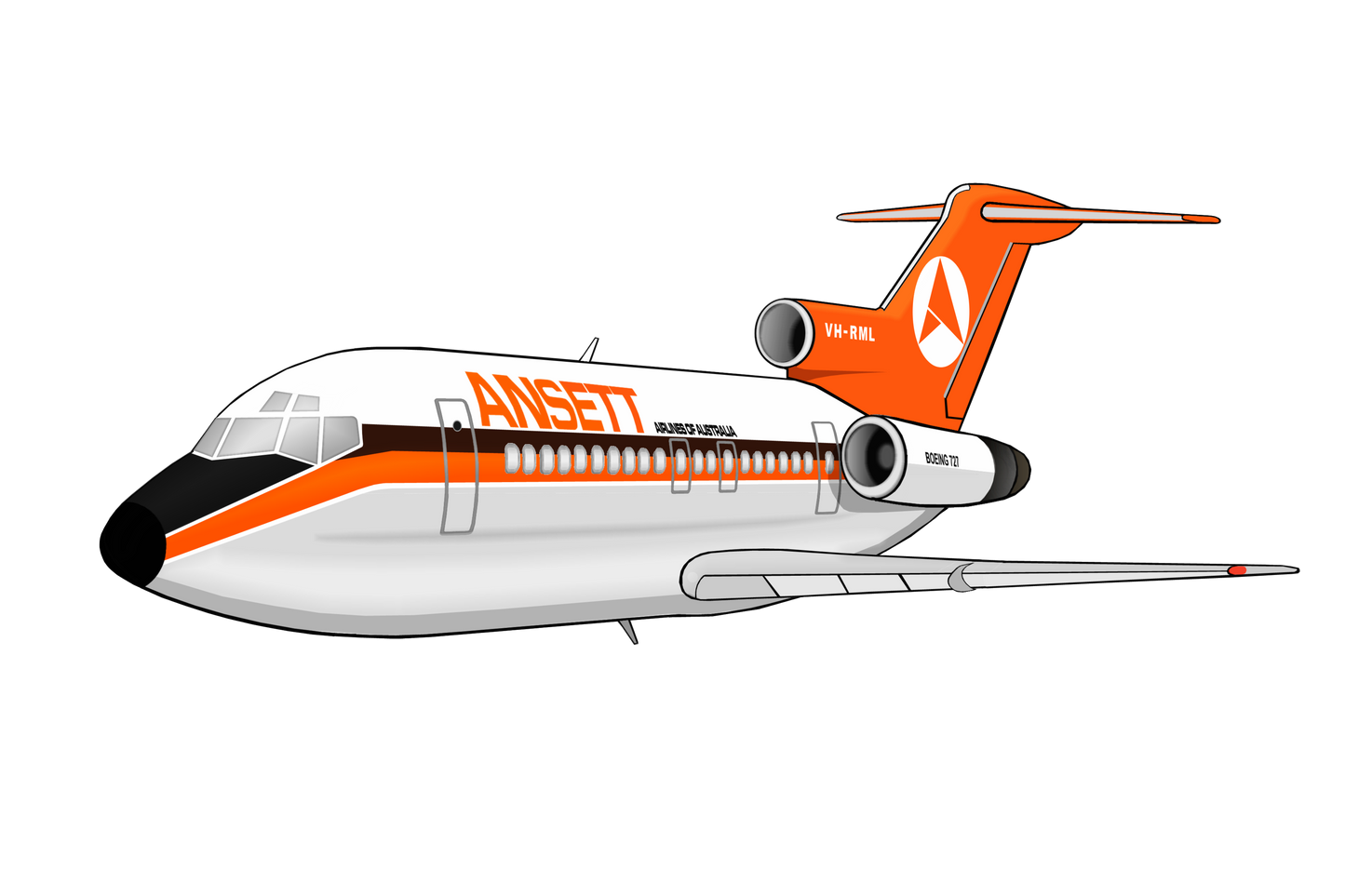Ansett Boeing 727-277 VH-RML 1970s Delta livery 14cm caricature sticker.