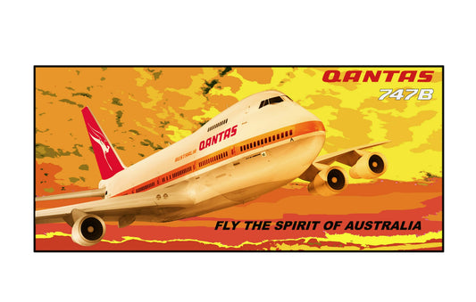 QANTAS Boeing 747-200B VH-EBA orange background 20cm rectangular sticker.