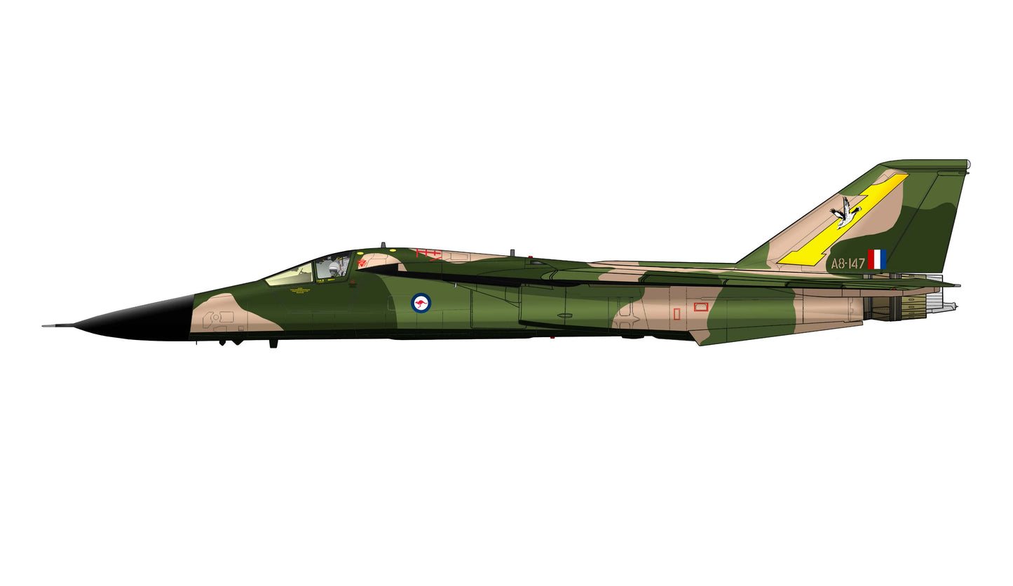 RAAF F111C A8-147 1SQN Yellow 1 fin flash 20cm side profile sticker.