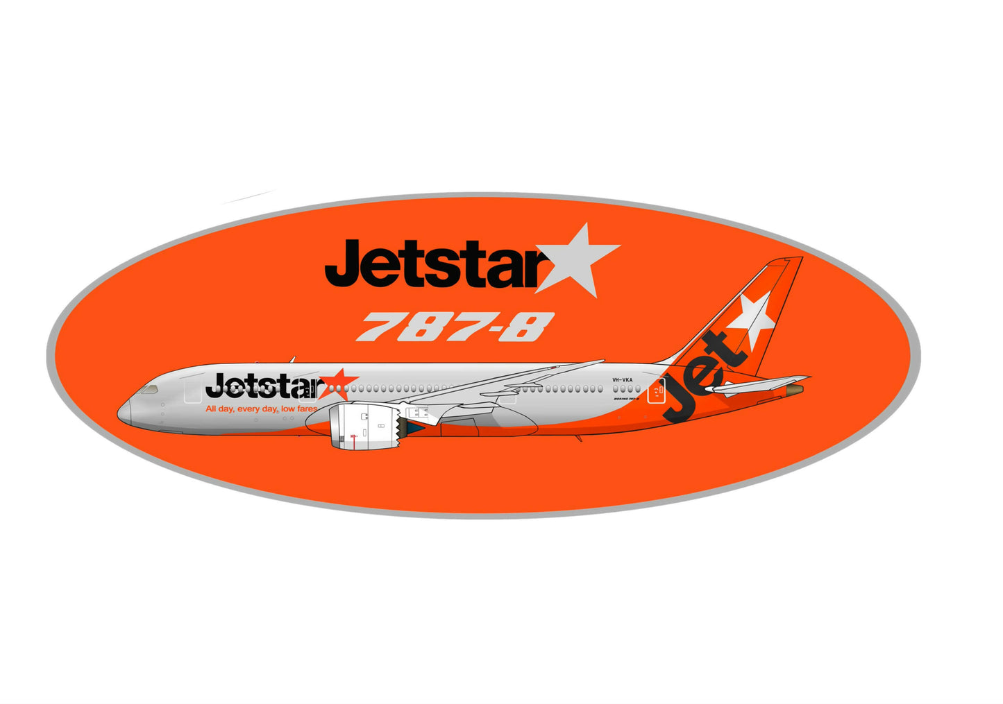 Jetstar Boeing 787 new livery 20cm oval profile sticker.