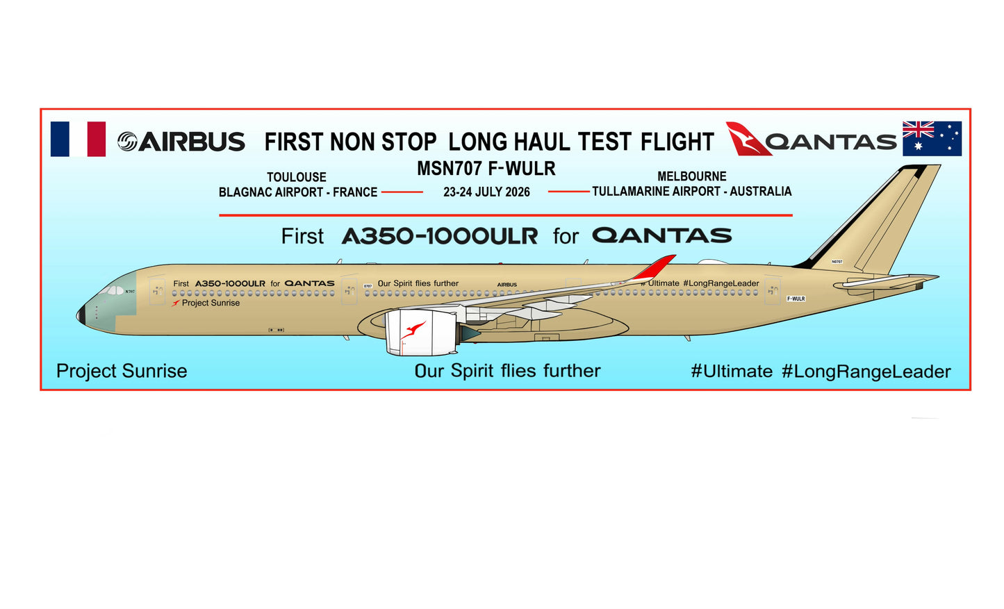 QANTAS Airbus A350-1000 ULR “First non stop long haul test flight Project Sunrise” 20cm rectangular sticker.