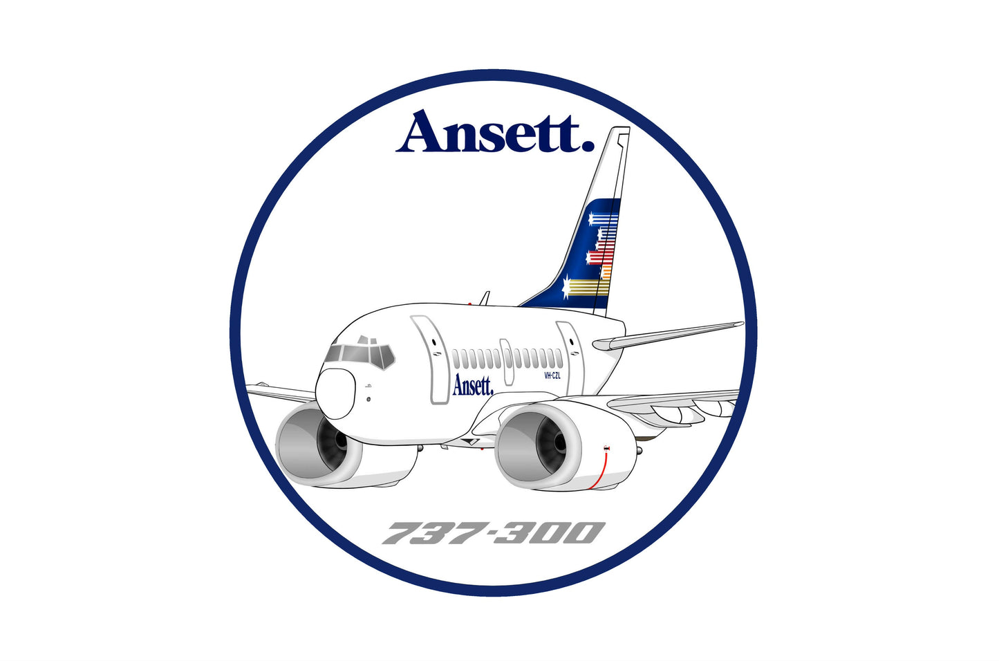 Ansett Boeing 737-300 1986 shooting stars livery 10 cm round caricature sticker.