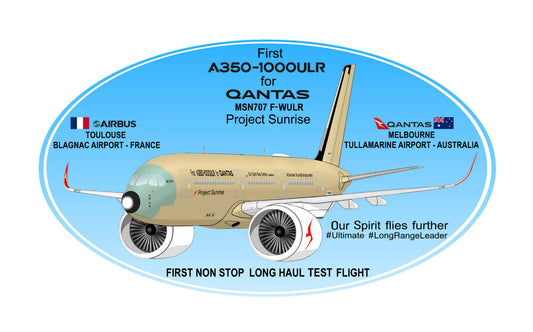 QANTAS Airbus A350-1000 ULR F-WULR Non Stop Test flight arrival for “Project Sunrise” oval caricature sticker.
