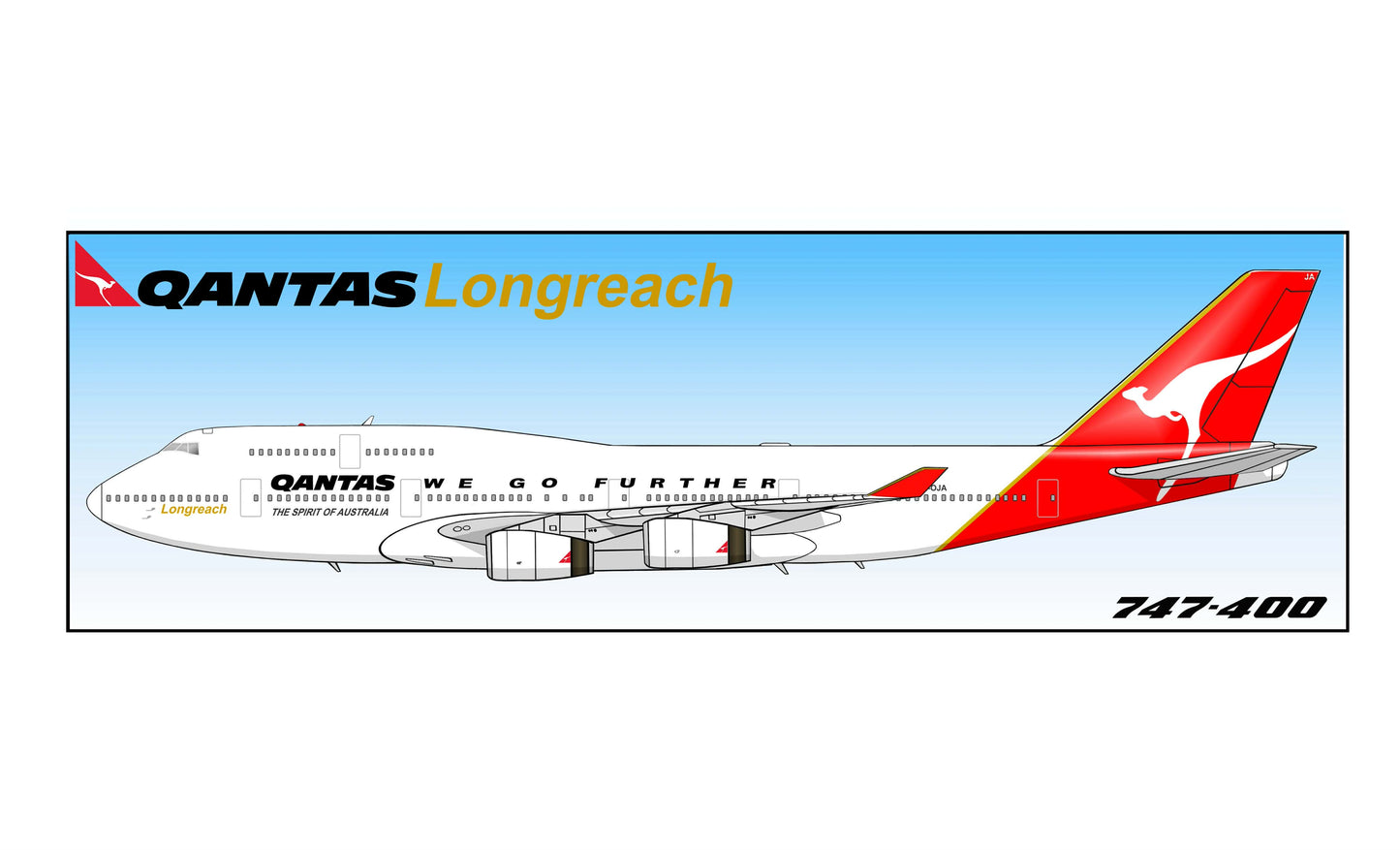 QANTAS Boeing 747-400 Longreach “We Go Further” VH-OJA blue background 14cm rectangular sticker.