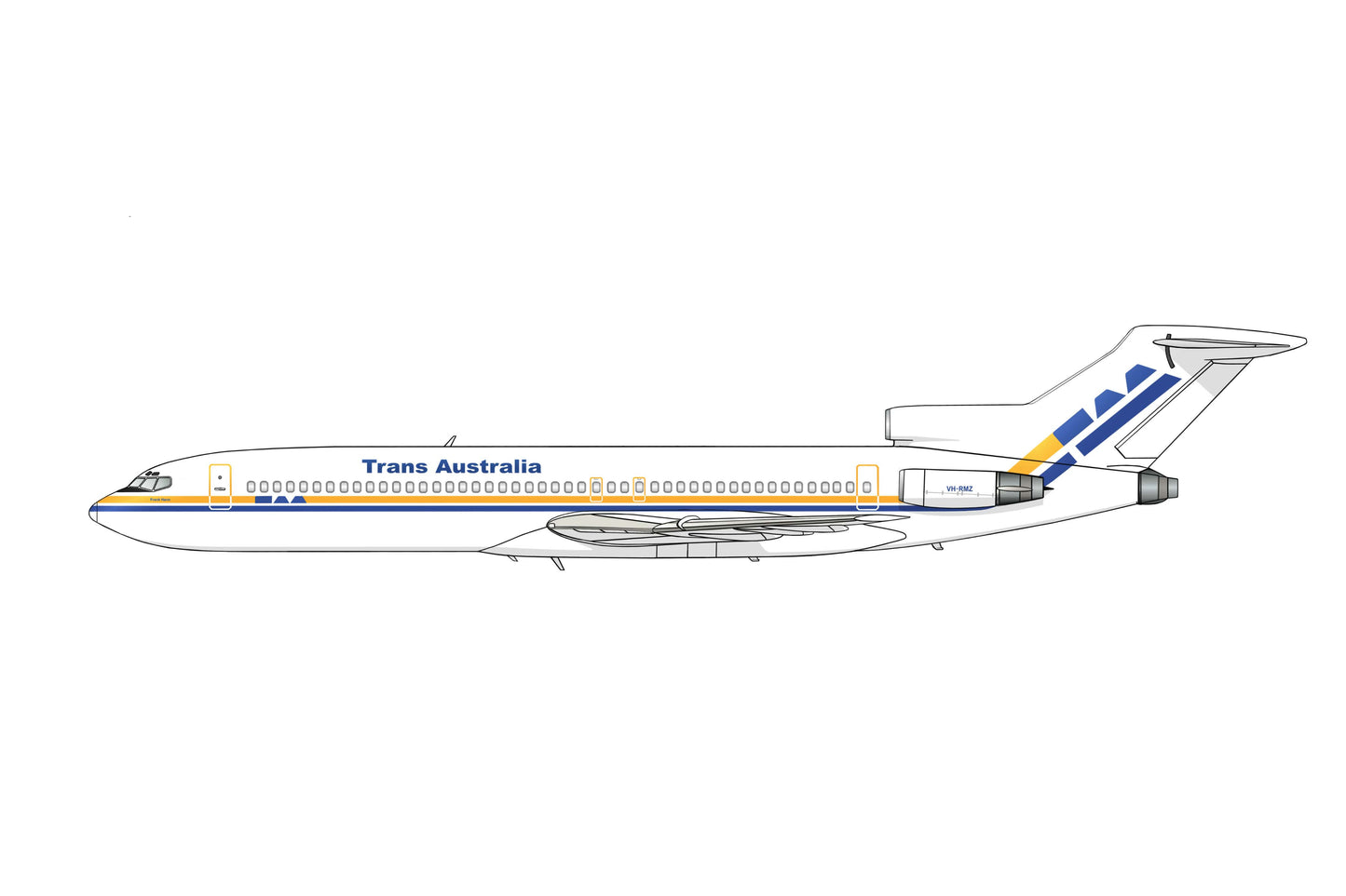 Ansett / Trans Australia Airlines lease livery, white fuselage Boeing 727-277 VH-RMZ 20cm side profile sticker.