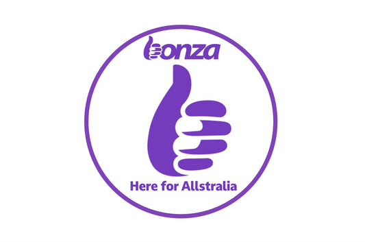 Bonza "Here for Allstralia" 10cm round logo sticker.