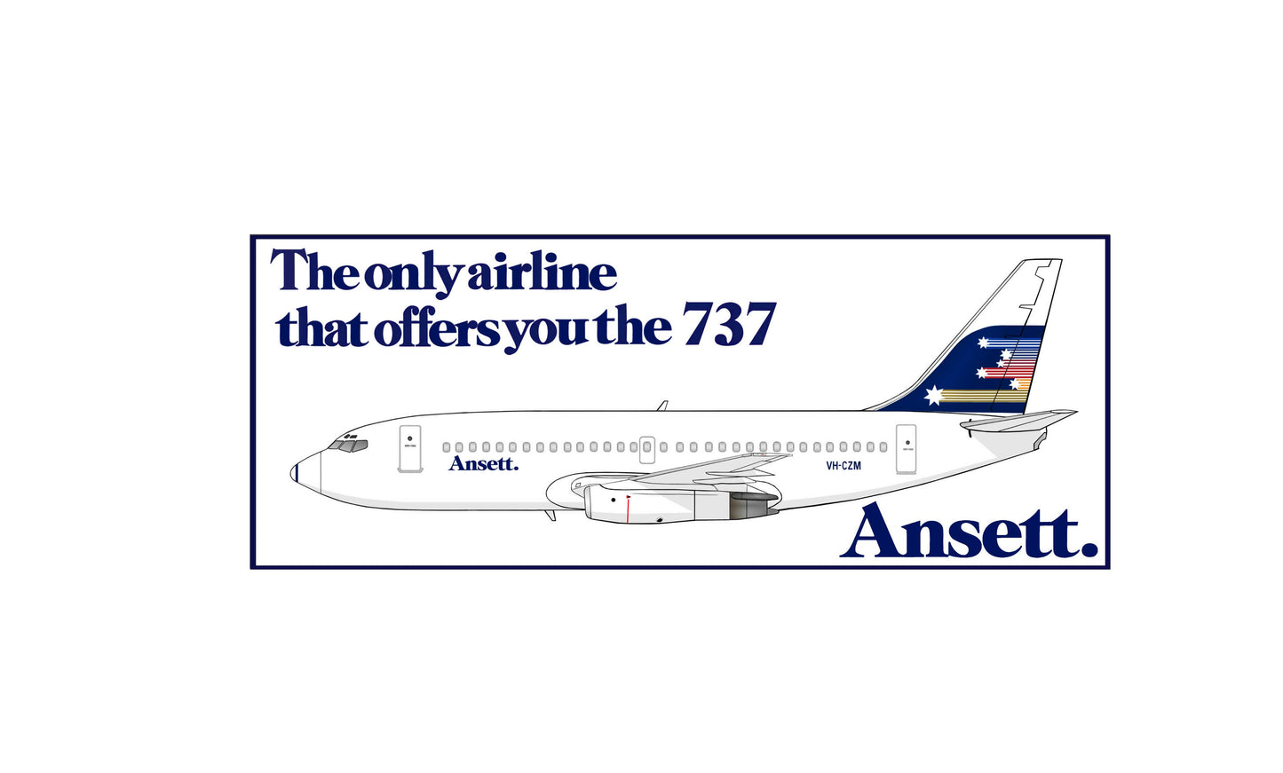 Ansett. Boeing 737-277 VH-CZM 1981 Shooting stars livery "The only airline that offers you the Boeing 737" logo PVC sign.