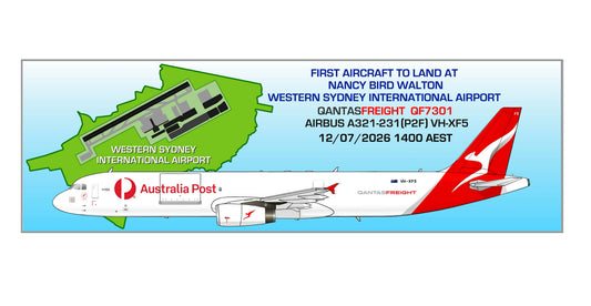 YSWS Western Sydney International Airport First QANTAS freight Airbus A321 VH-XF5 arrival rectangular profile 20cm sticker.