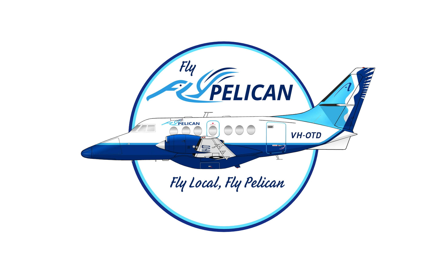 Fly Pelican Jetstream 31 VH-OTD “Fly Local, Fly Pelican” with larger aircraft 14cm round sticker.