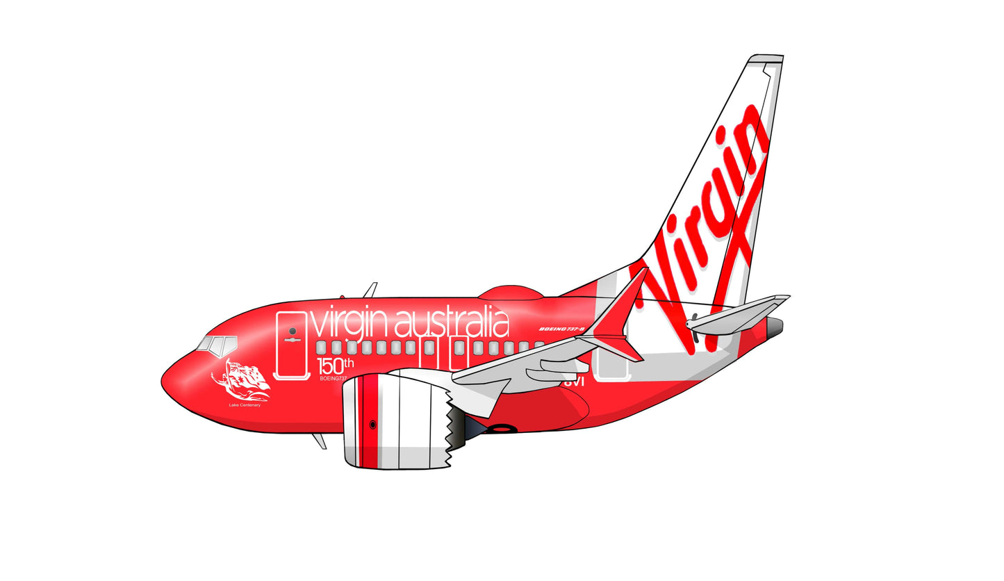 Virgin Australia Boeing 737 Max8 150th retro livery stubby side profile 15cm character sticker.