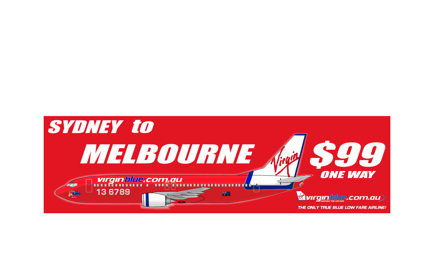 Virgin Blue “Sydney to Melbourne $99” 20cm profile sticker.
