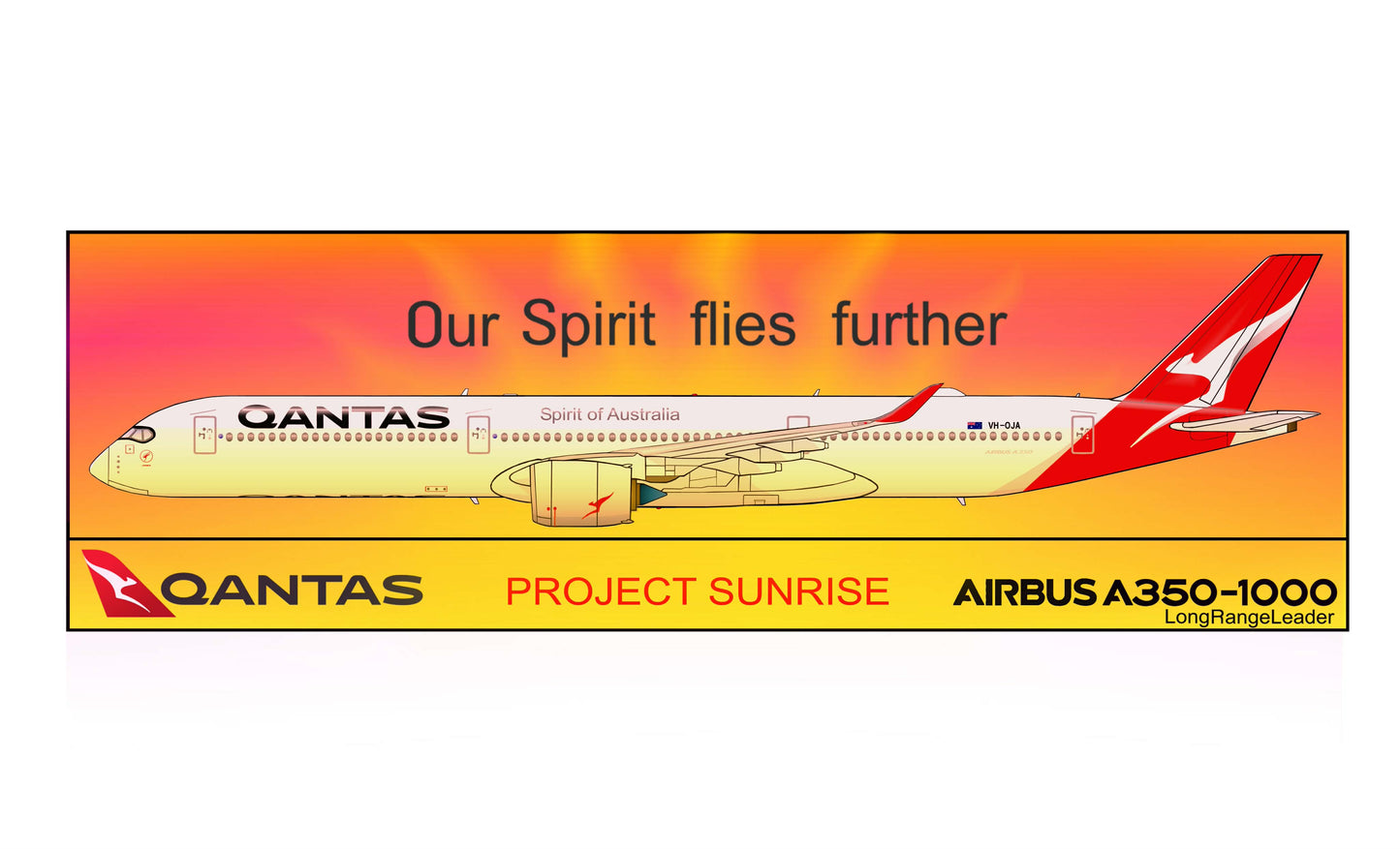 QANTAS Airbus A350-1000 VH-OJA “Our Spirit Flies Further Project Sunrise”14cm rectangular sticker.