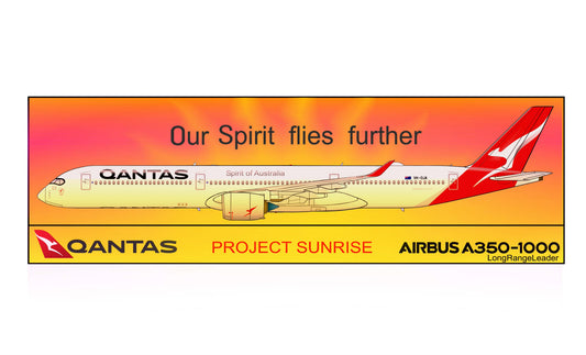 QANTAS Airbus A350-1000 VH-OJA “Our Spirit Flies Further Project Sunrise”14cm rectangular sticker.