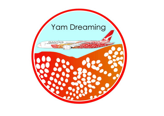 QANTAS Boeing 787-9 VH-ZND Balarinji “Yam Dreaming” 10 cm round sticker.
