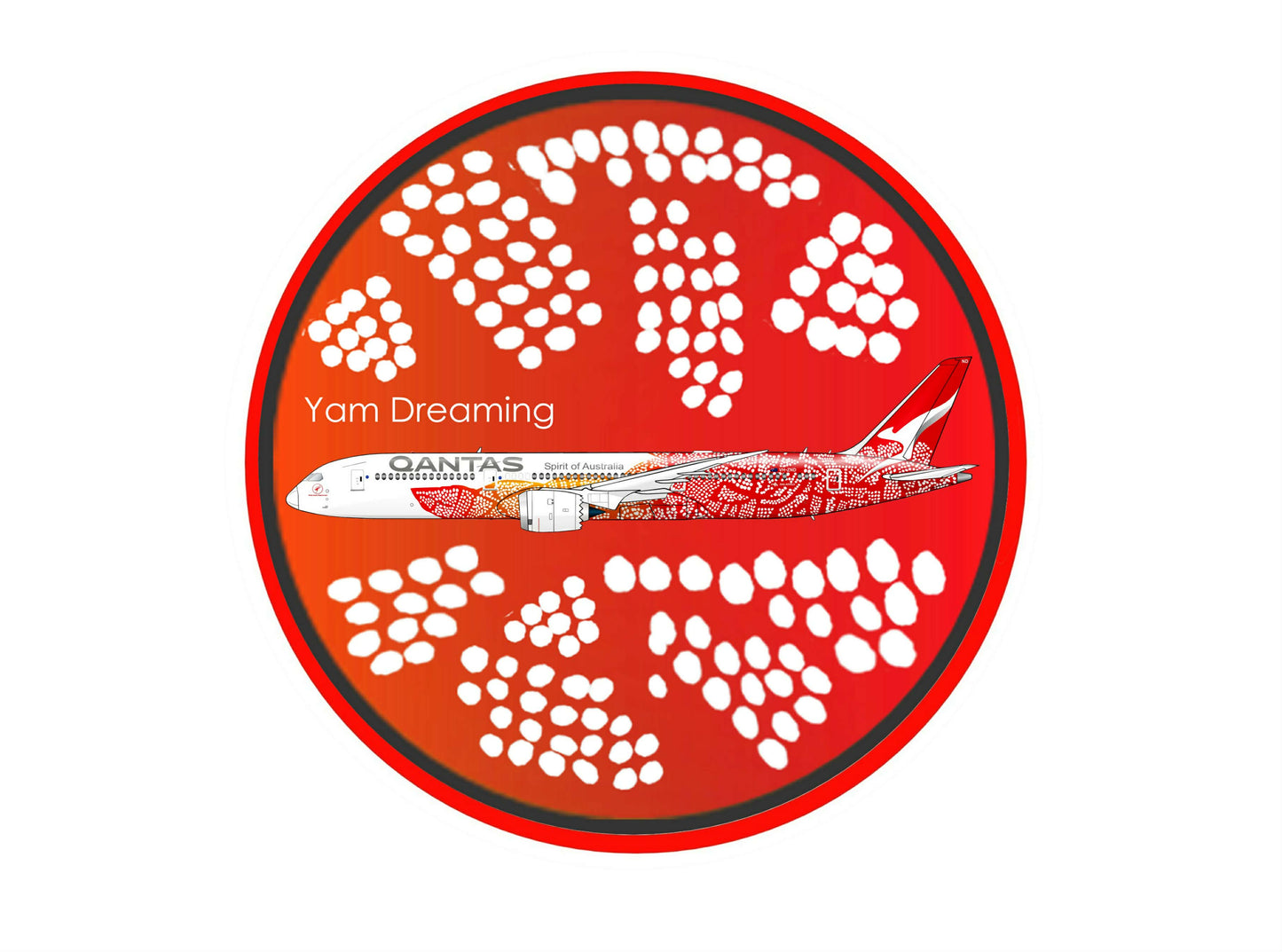 QANTAS Boeing 787-9 VH-ZND Balarinji “Yam Dreaming” 10 cm round sticker.