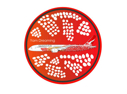 QANTAS Boeing 787-9 VH-ZND Balarinji “Yam Dreaming” 10 cm round sticker.