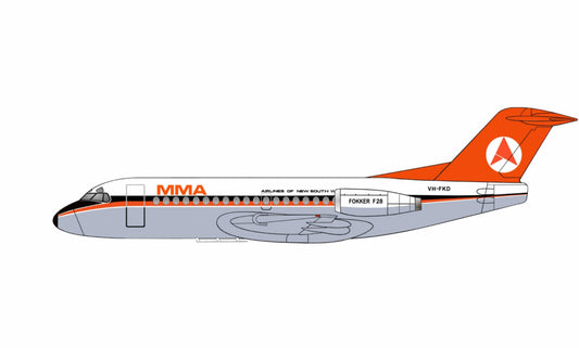 MMA (with Airlines Of New South Wales titles) Fokker F28-1000 VH-FKD 1970s Delta livery PVC side profile cutout.