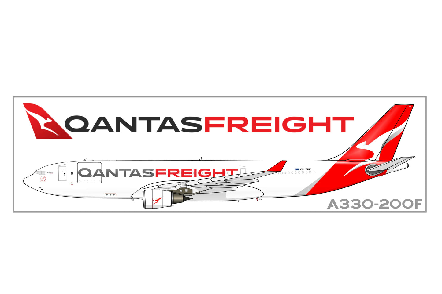 Qantas Freight Airbus A330-200F VH-EBE 20cm side profile sticker.