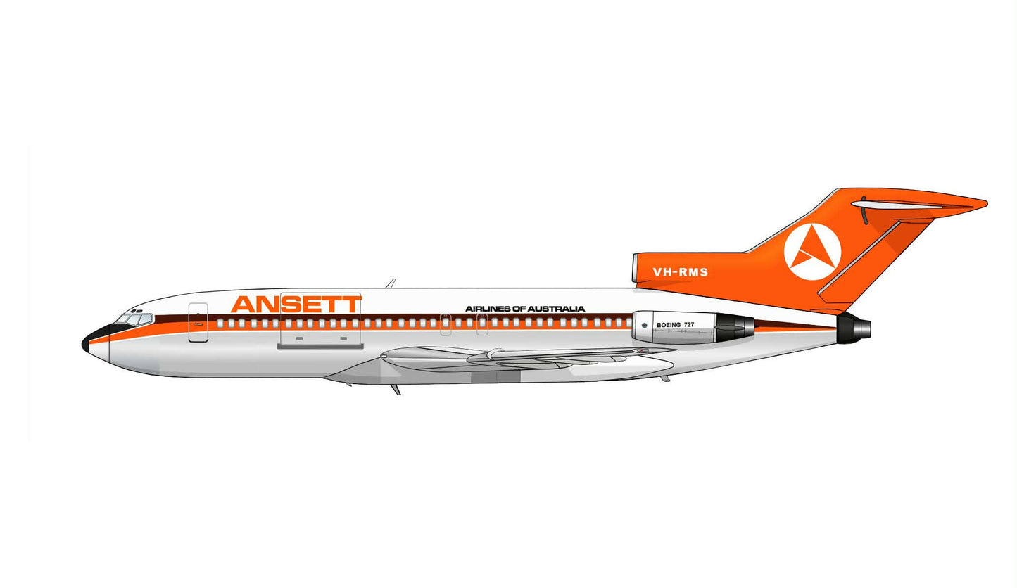 Ansett Boeing 727-77 VH-RMS 1970s Delta livery regular nosecone PVC side profile cutout.