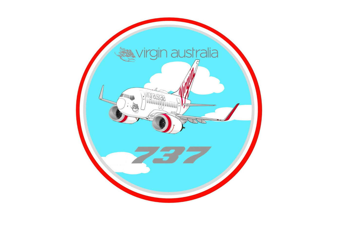 Virgin Australia Boeing 737 9cm round caricature sticker.