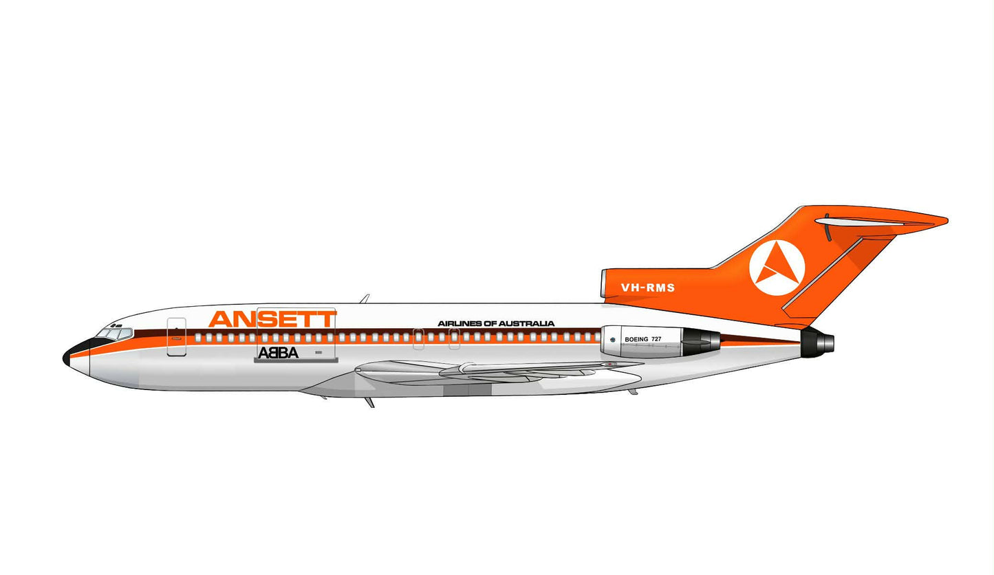 VH-RMS/VH-TBS Boeing 727-77 in all the liveries she wore, 20cm profile 10 sticker collection.