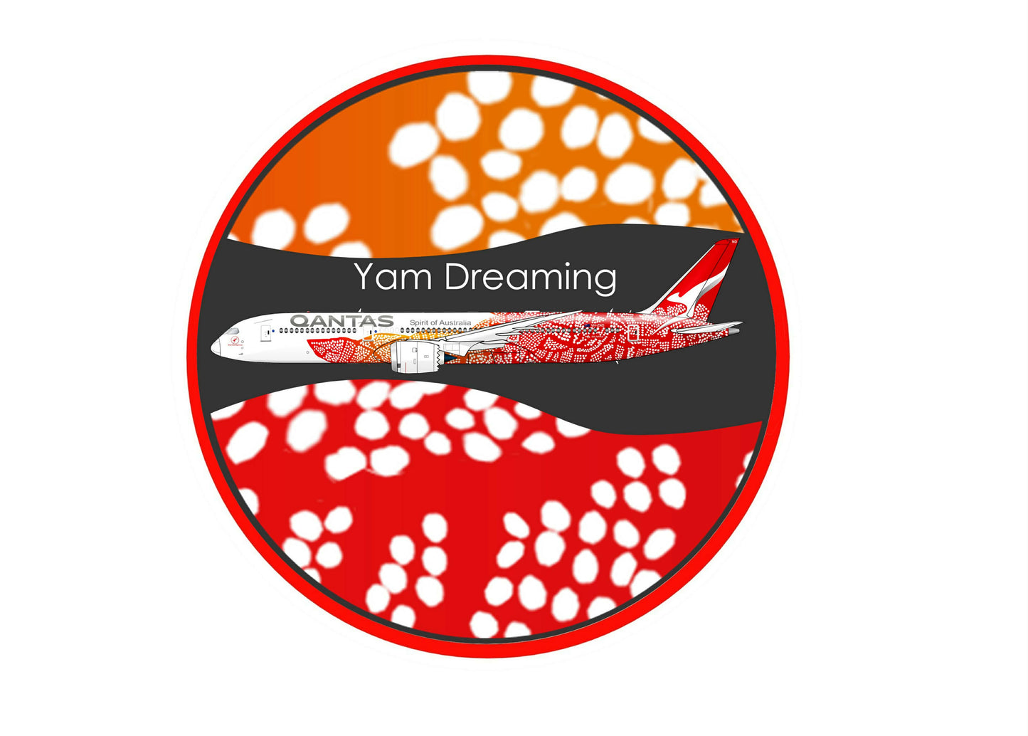 QANTAS Boeing 787-9 VH-ZND Balarinji “Yam Dreaming” 10 cm round sticker.