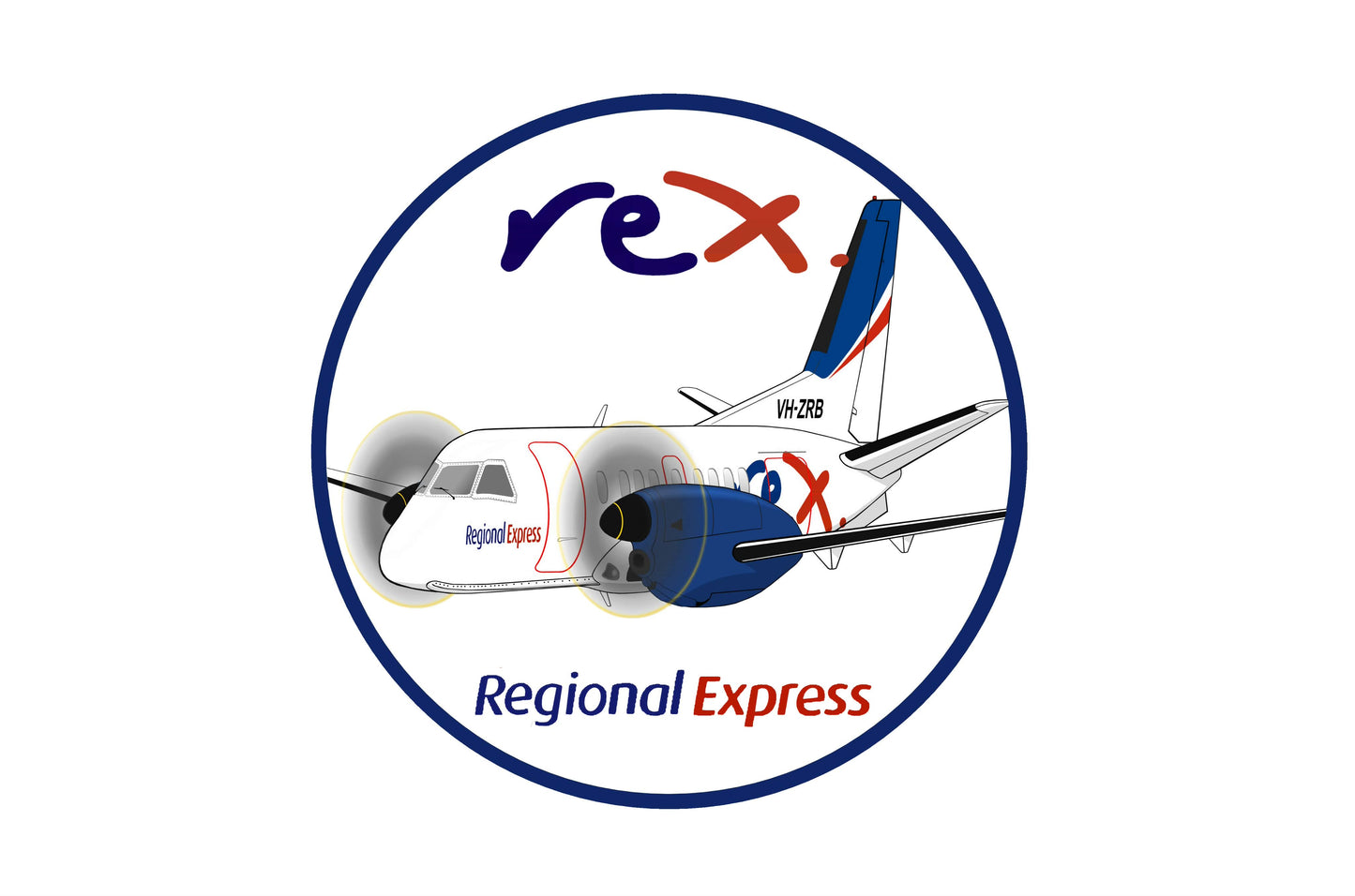 REX SAAB 340 "Regional Express" 10cm round caricature sticker.