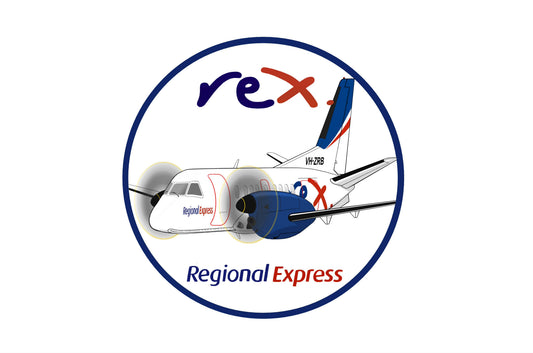 REX SAAB 340 "Regional Express" 10cm round caricature sticker.