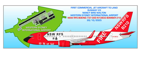 YSWS Western Sydney International Airport NSW RFS Boeing 737-300 N138CG Bomber 210 arrival rectangular profile 20cm sticker. (Copy)