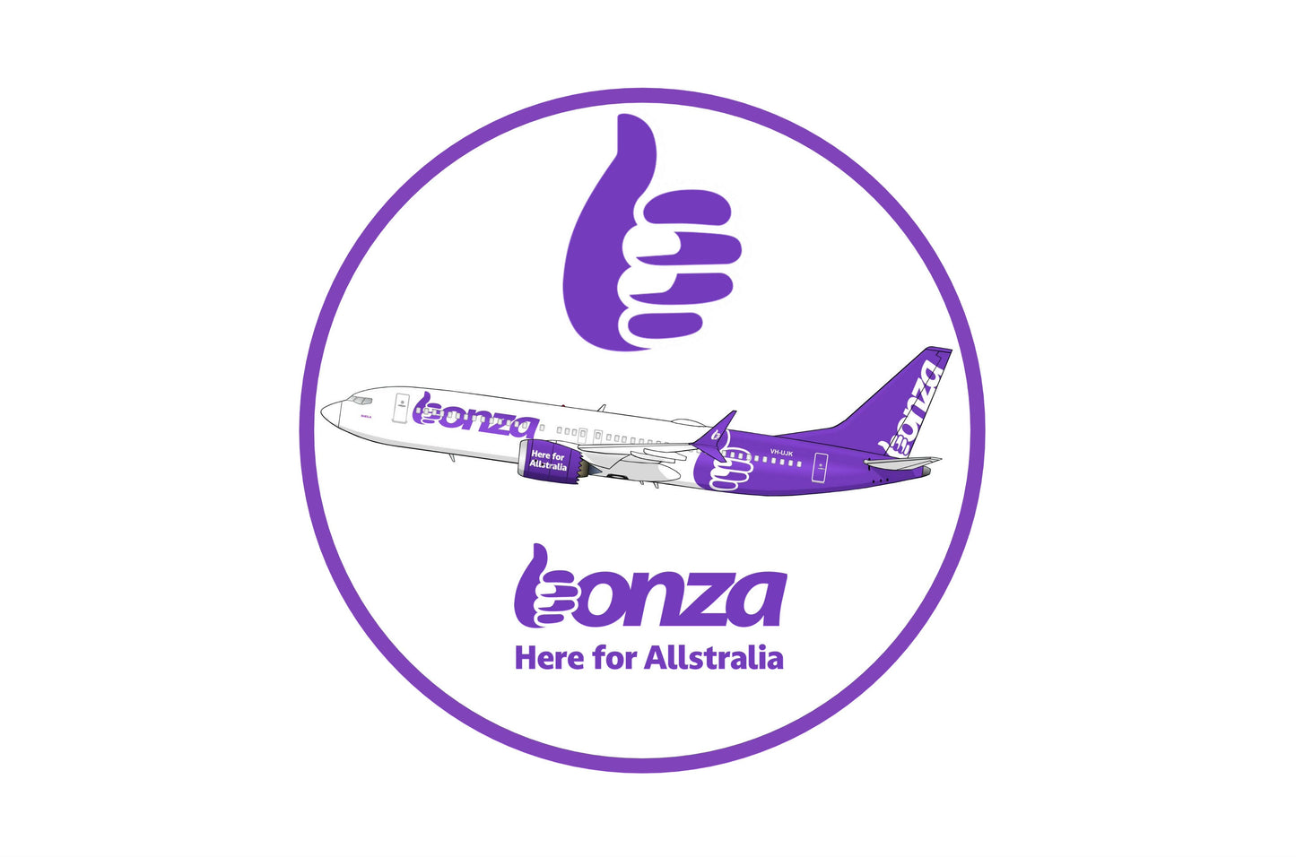 Bonza Boeing 737-8 profile "Here for Allstralia" 10cm round sticker.