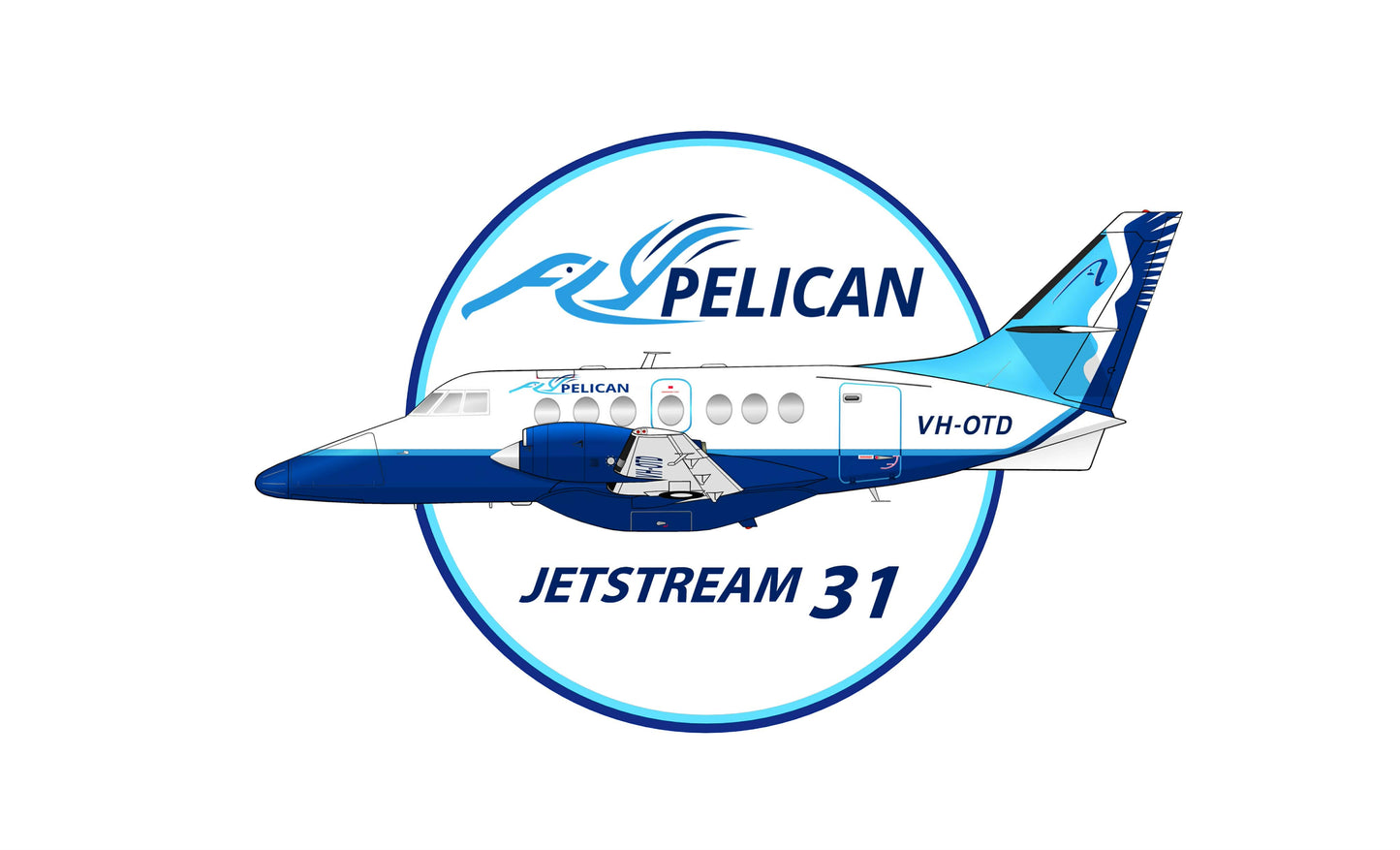 Fly Pelican Jetstream 31 VH-OTD “Jetstream 31” with larger aircraft 14cm round sticker.