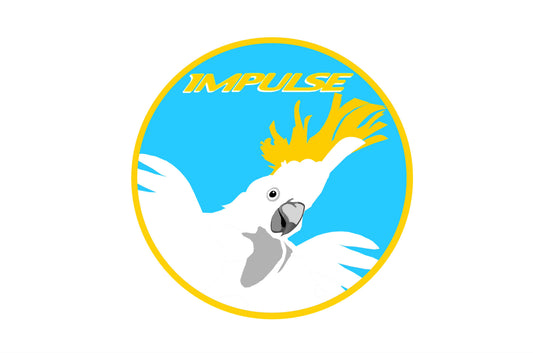 Impulse Airlines Cockatoo logo 10cm round sticker.