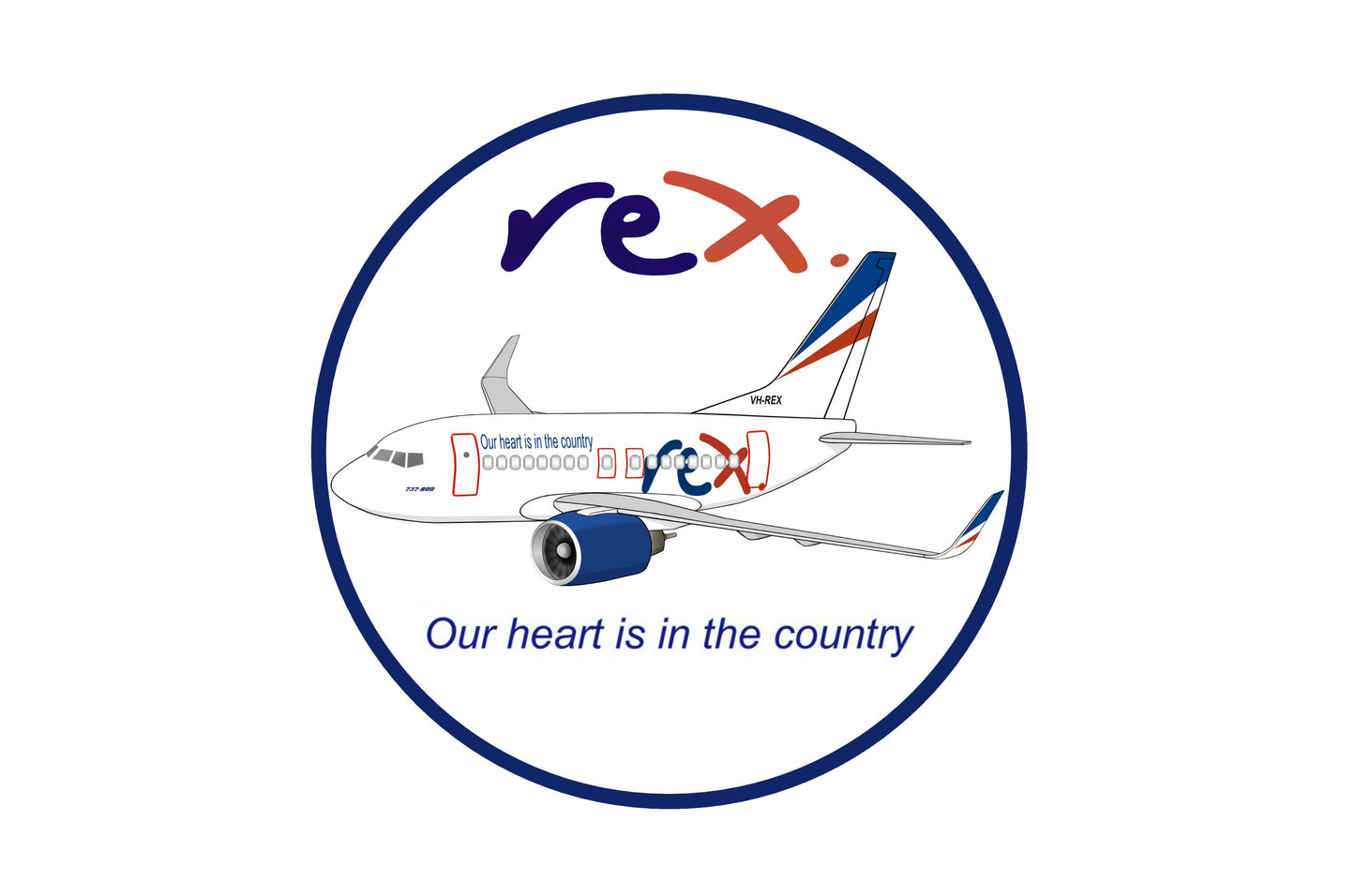 REX Boeing 737-800 VH-REX "Our heart is in the country" 10cm round caricature sticker.