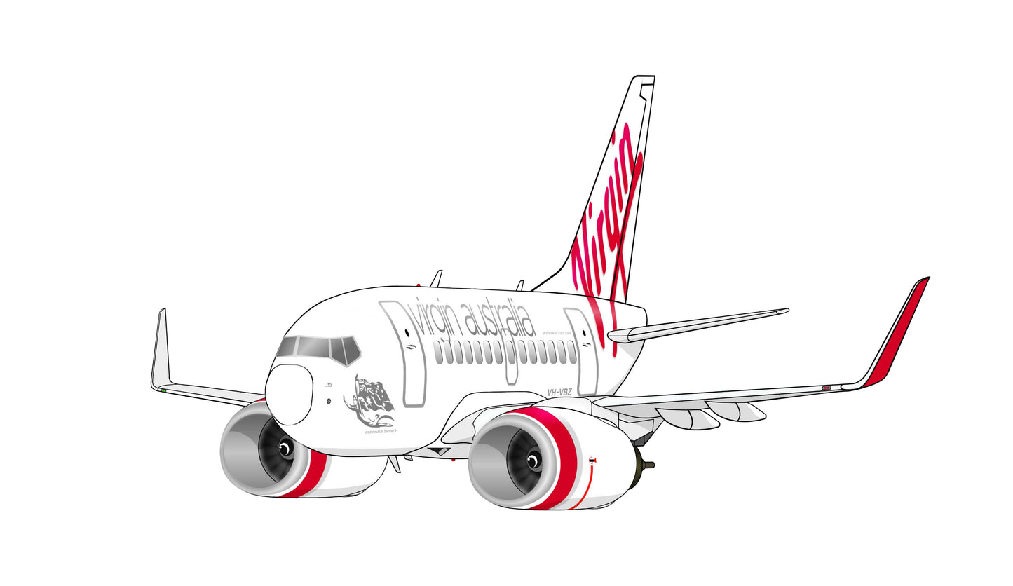Virgin Australia Boeing 737-800 VH-YFK Version 2 14cm caricature sticker.