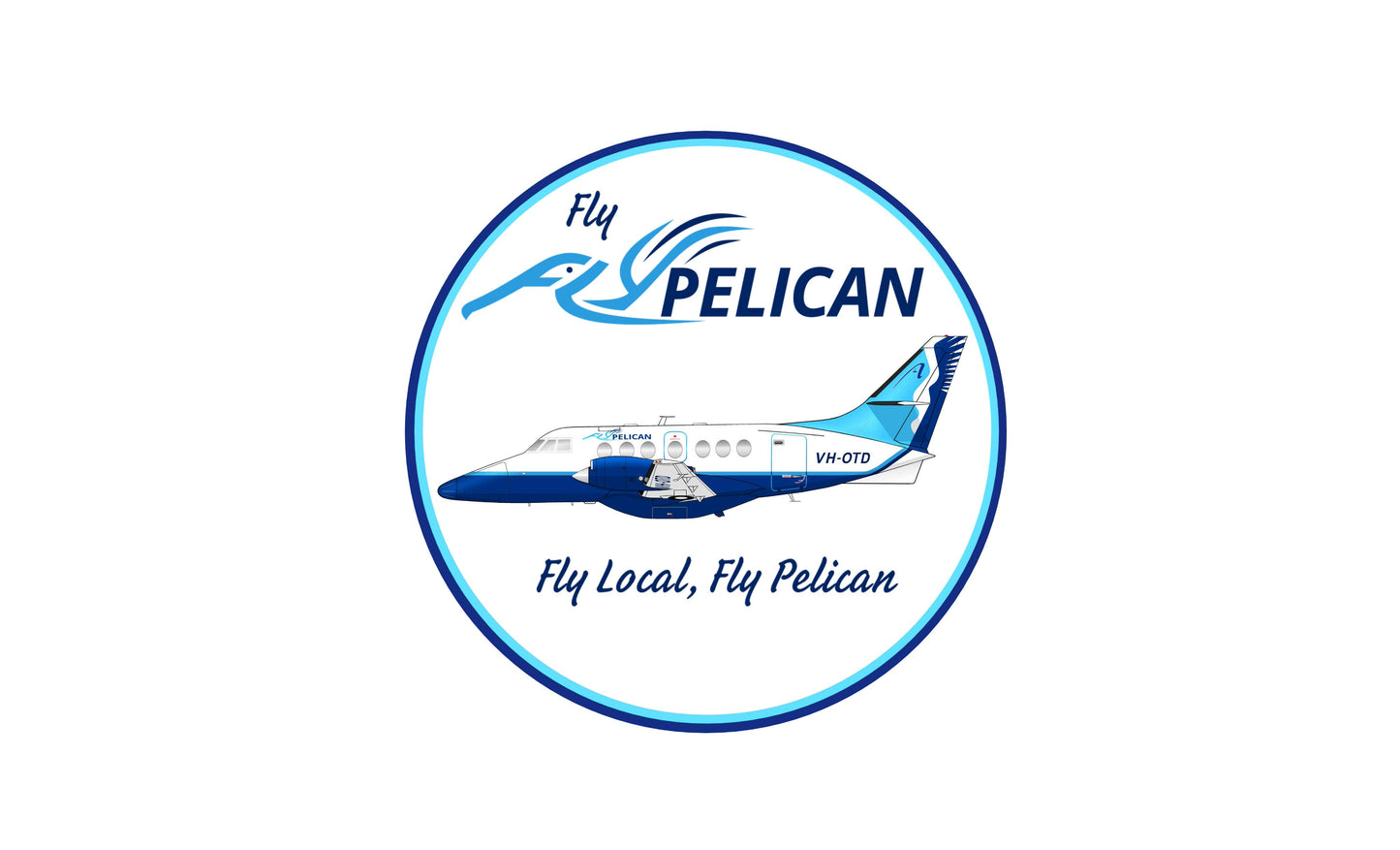 Fly Pelican Jetstream 31 VH-OTD “Fly Local, Fly Pelican” 9cm round sticker.