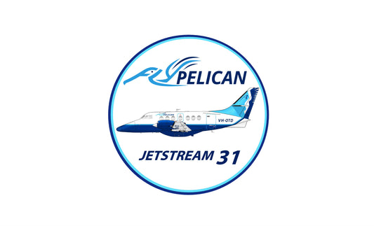 Fly Pelican Jetstream 31 VH-OTD “Jetstream 31” 9cm round sticker.