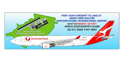 YSWS Western Sydney International Airport First QANTAS freight A330 VH-EBF arrival rectangular profile 20cm sticker.