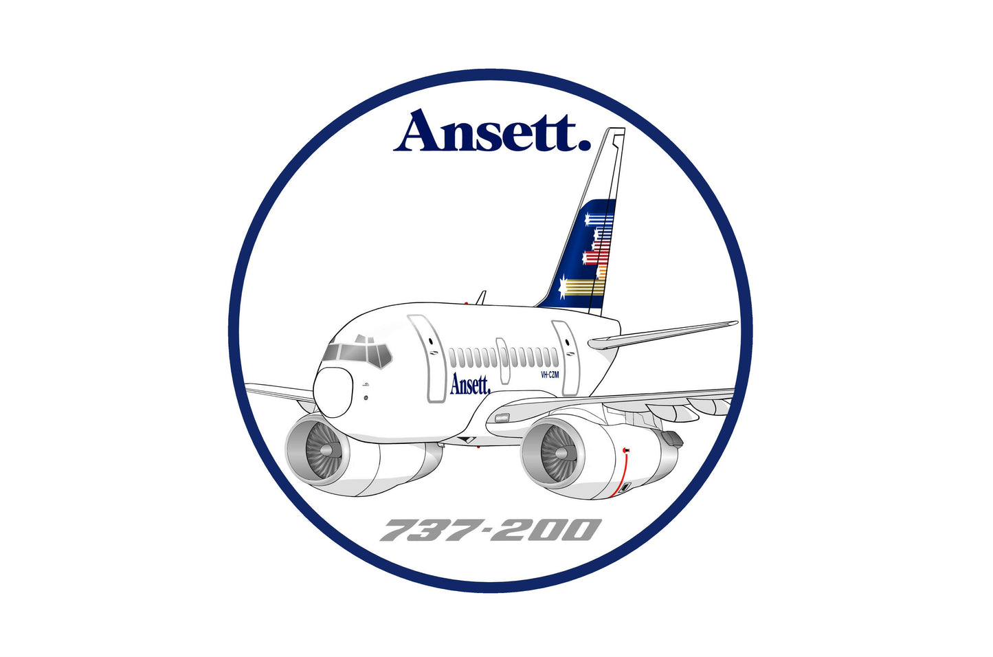 Ansett Boeing 737-200 1981 shooting stars livery 10 cm round caricature sticker.